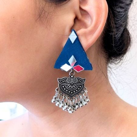 Blue Triangular Jhumka Earrings With Silver Charm